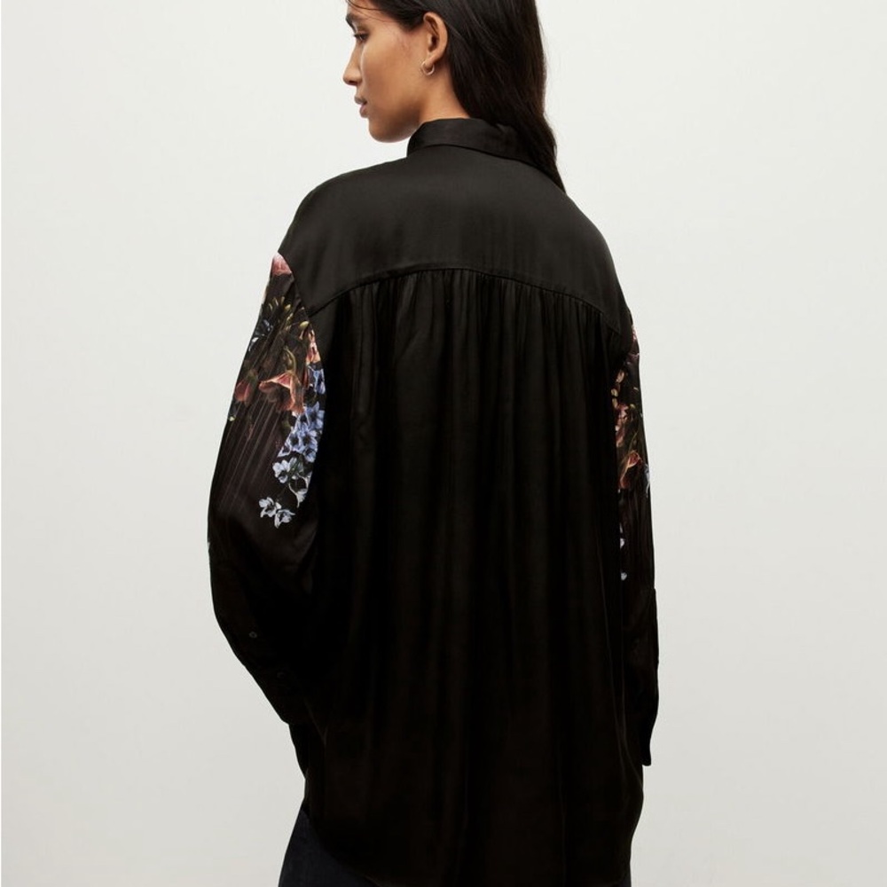 All Saints Black Floral Satin Button-Up Blouse - Picture 3 of 5